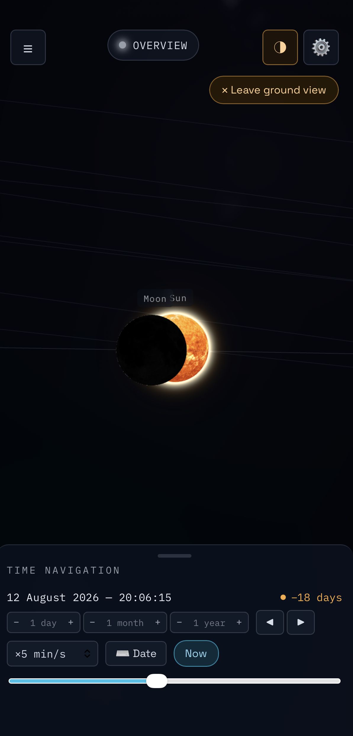 Vue au sol pendant une éclipse dans SolarNav 3D