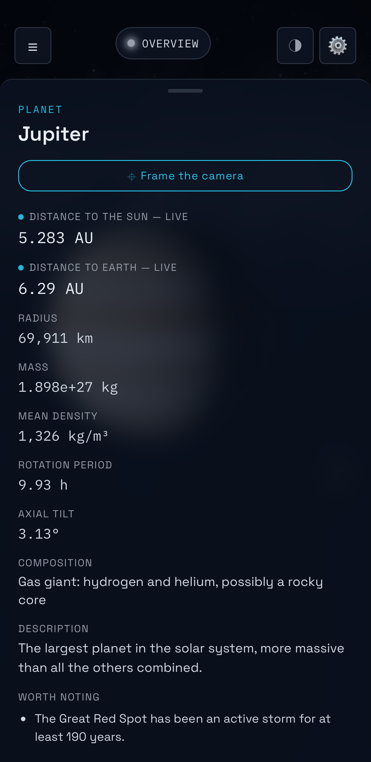 Fiche détaillée d'un corps céleste dans SolarNav 3D