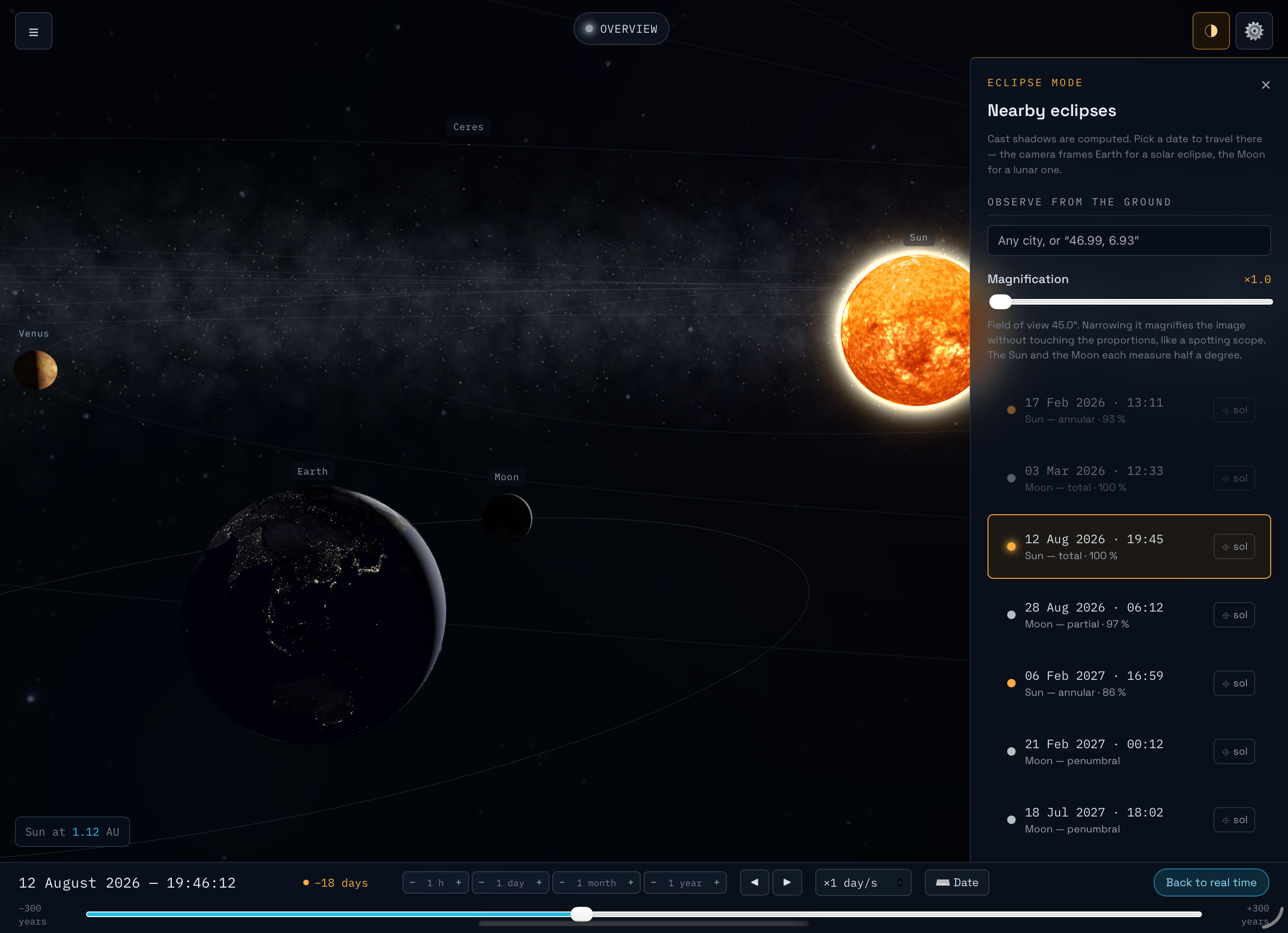 Vue d'ensemble du système solaire dans l'application SolarNav 3D